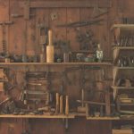 Garage Shelves - assorted hand tool lot on brown wooden shelf