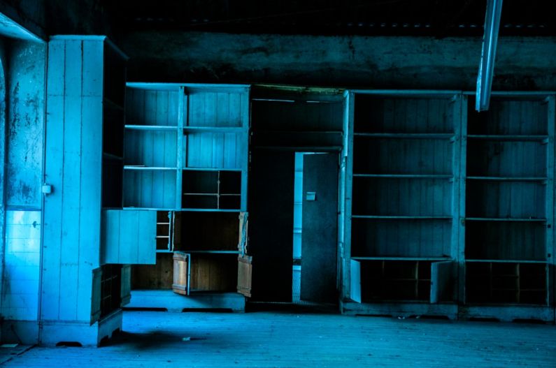 Closet Shelves - an empty room with a book shelf and a door