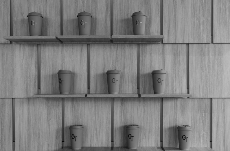 Closet Shelves - a black and white photo of coffee cups on shelves