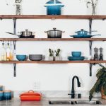 Kitchen Shelves - cookware set on floating shelves