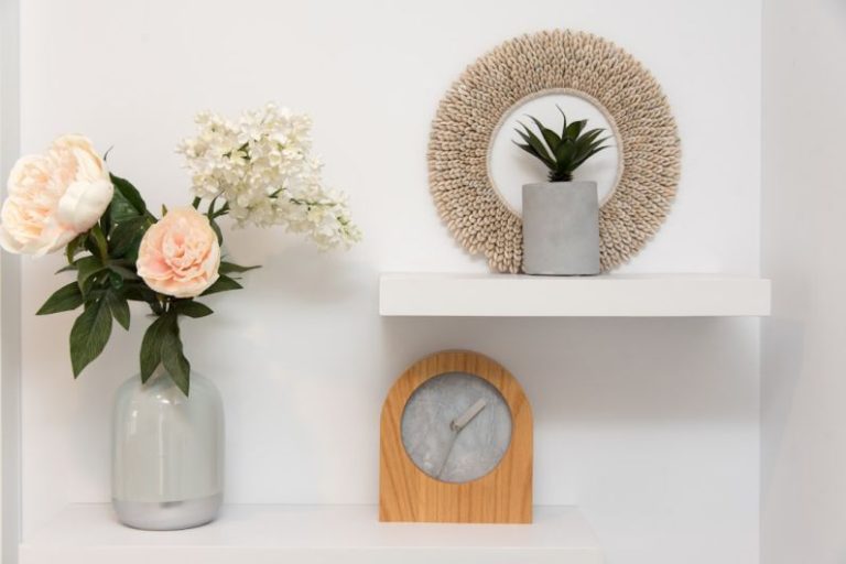 Shelving Units - white and beige petaled flowers